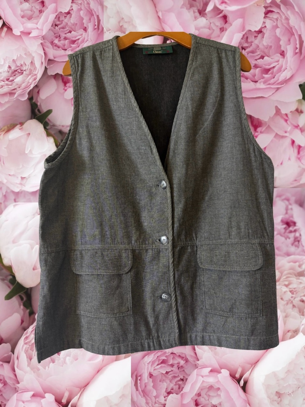 Orvis Vest Outdoor 100% Cotton Grey Pockets Buttons Large Vintage